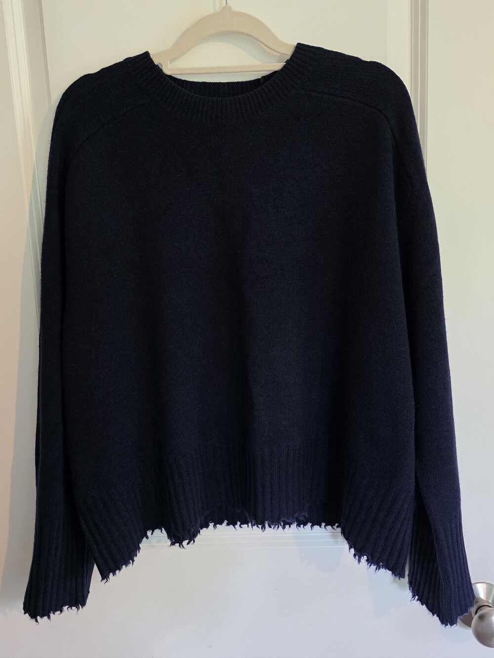 AllSaints Kiera Cashmere Wool Navy Crewneck Sweater Raw Distressed Hem NWOT